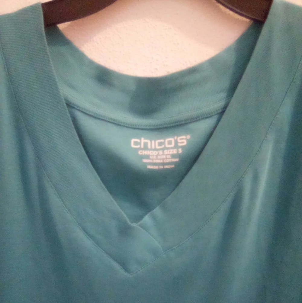 Chico's Teal 3/4 Sleeve V-Neck Top 100% Pima Cotton Size 3 XL - Picture 3 of 4